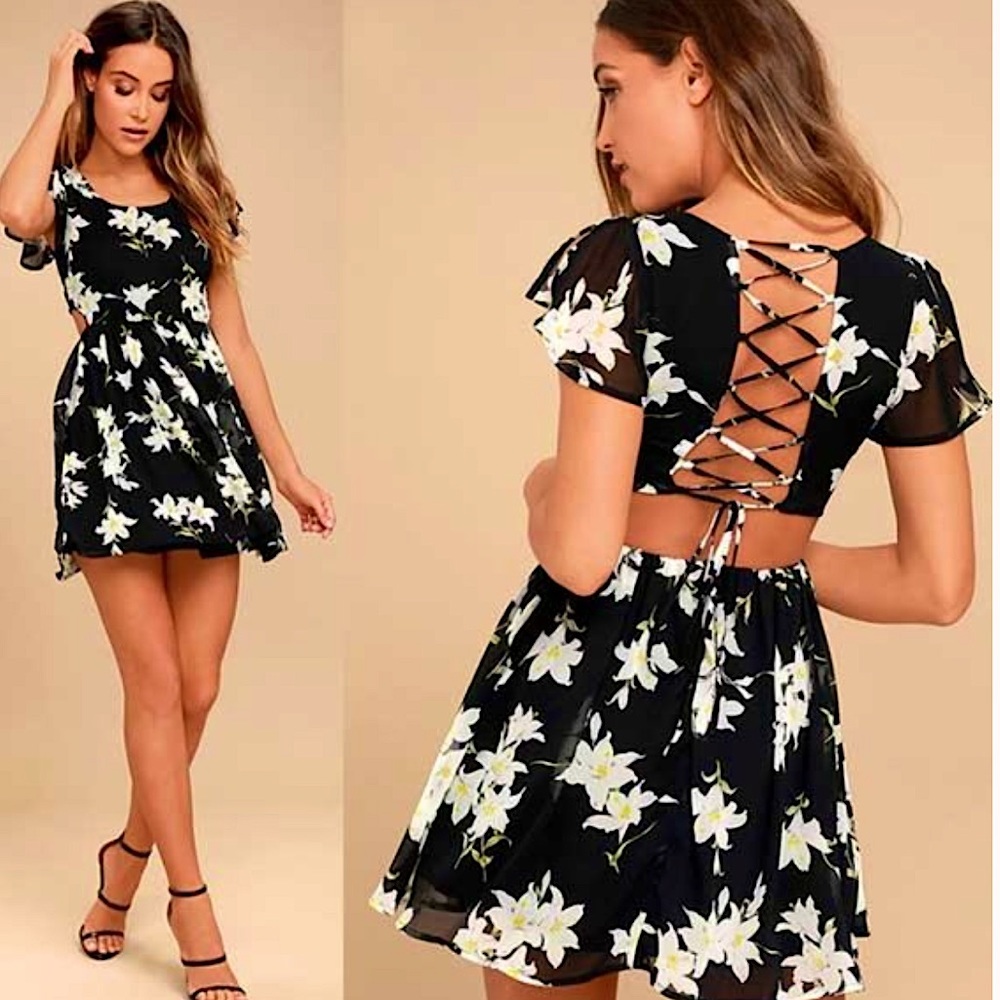 La Brea Black Floral Print Backless Lace-Up Dress